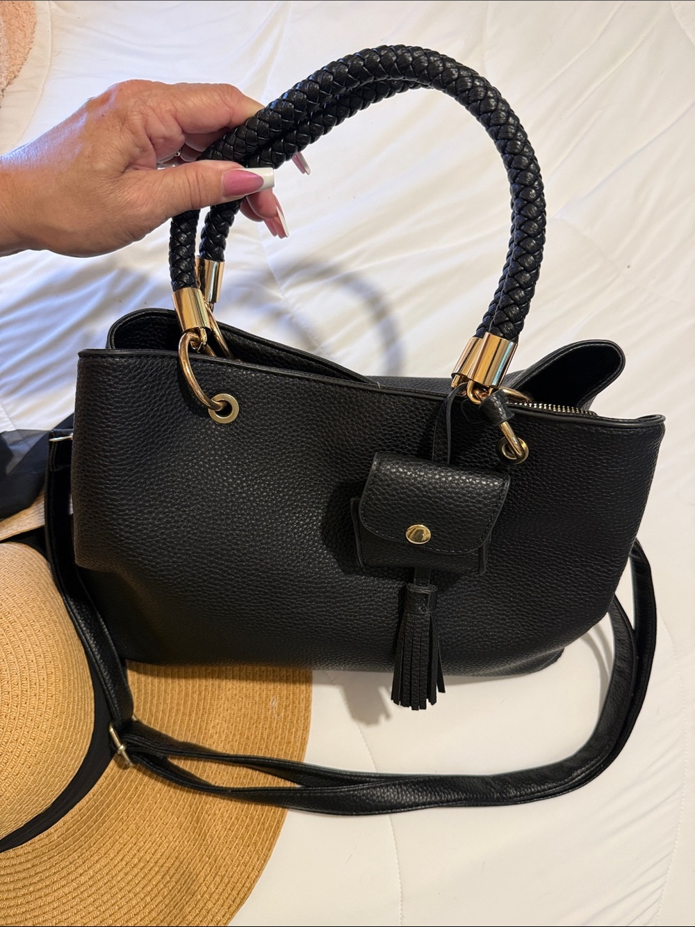 Perfect Classic Black Leather Tote Handbag with Braided Handles